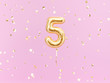 Five year birthday. Number 5 flying foil balloon on pink. Five-year anniversary gold confetti background. 3d rendering