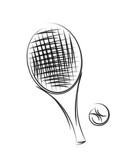 Silhouette of a tennis & ball. Text and background Design.