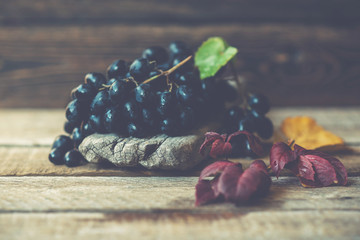 Wall Mural - Dark blue grape with fall leaves on old wooden background. Healthy fruits. Red wine grapes background. Bunch of grapes ready to eat. Toned image. Selective focus.