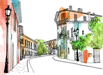 Old town street in hand drawn sketch style. Provence, France, Vector illustration. Small European city. Urban landscape on watercolor colorful background