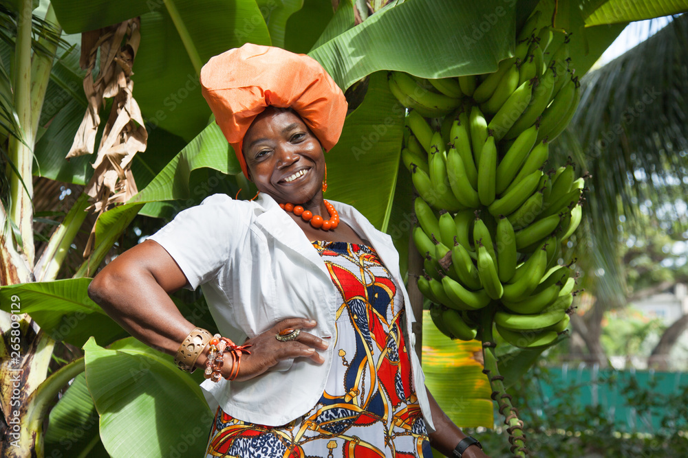 Joyful African American woman wearing a bright colorful national dress ...