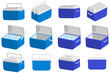 Ice cooler box vector cartoon set. Handheld camping refrigerator illustration isolated on a white background.