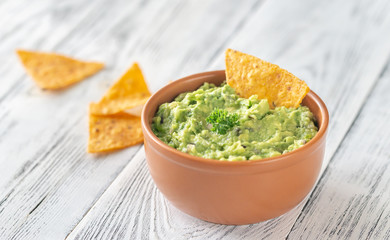 Poster - Bowl of guacamole with tortilla chips