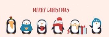 Merry Christmas Greeting Card With Cute Penguin. Seasonal Character Penguins Wearing Hats, Scarf And Holding Gifts And Mugs. Flat Greeting Card Or Banner Design. Vector Illustration