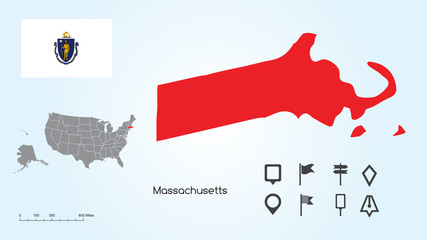 Wall Mural - Map of The United States with the Selected State of Massachusetts And Massachusetts Flag with Locator Collection