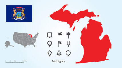 Wall Mural - Map of The United States with the Selected State of Michigan And Michigan Flag with Locator Collection