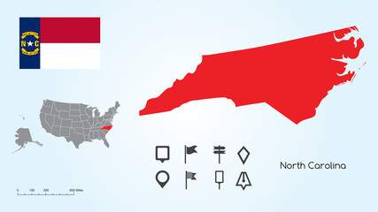 Sticker - Map of The United States with the Selected State of North Carolina And North Carolina Flag with Locator Collection