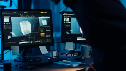 Poster - cybercrime, hacking and technology concept - asian male hacker putting headphones on and getting to computers in dark room at night