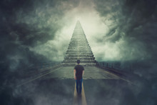 Wanderer Guy Confident Walking A Surreal Road And Found A Magic Stairway Going Up To A Door In The Sky