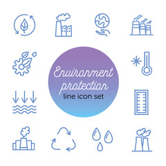 Sticker - Environment protection line icon set. Factory, recycling, water drops. Ecology concept. Can be used for topics like nature, industrial pollution, global warming