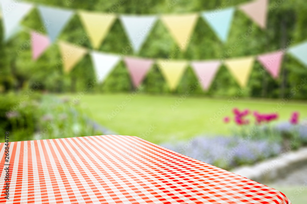 Summer background of tablecloth and garden of summer time  - obrazy, fototapety, plakaty 