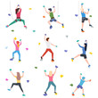 People on the climbing wall. Men, women and children climbing on artificial rock wall. Isolated vector illustration