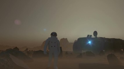 Wall Mural - astronaut on desolate mars like planet surface, with an all terrain vehicle parked in the background