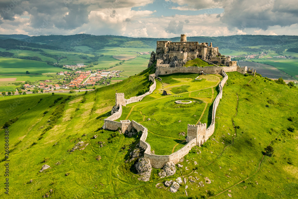 Aerial view of Spis (Spiš, Spišský) castle, second biggest castle in Middle Europe, Unesco Wold Heritage, Slovakia - obrazy, fototapety, plakaty 