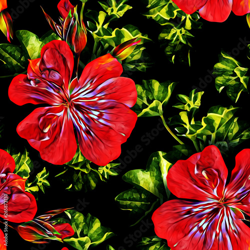 Seamless pattern of gerania flowers. Hand painted watercolor illustration.