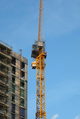 Wall Mural - large modern building under construction covered in scaffolding with a tower crane against a bright blue sky