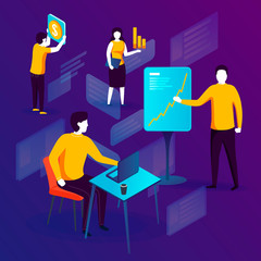 Vector concept illustration -  man with presentation, colleagues meeting in office. Modern bright banner template with place for your text..