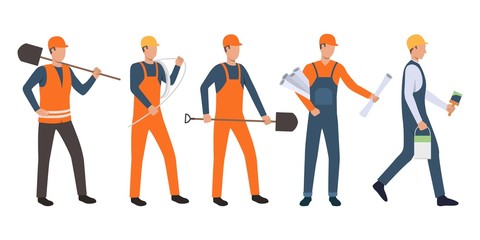 Wall Mural - Set of builders, architect, electrician, painter and handymen working. Group of men wearing uniform and holding tools. Vector illustration for building work presentation slide, construction business