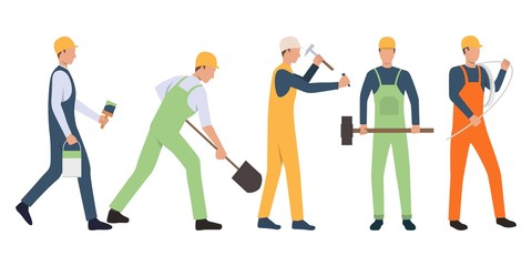 Wall Mural - Set of builders, painter, electrician and handymen holding tools and working. Group of men wearing uniform. Vector illustration for building work presentation slide, construction business design