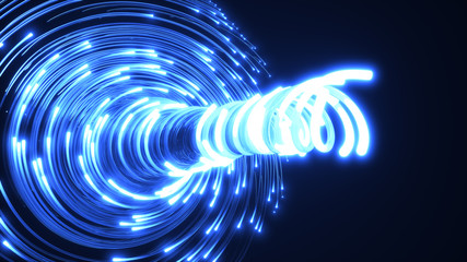 Poster - blue fiber optic cables vortex. glass strings glowing in dark. 3d illustration