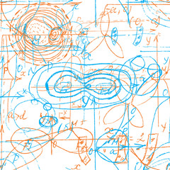 Math and Geometry seamless pattern with handwriting and drawing of various graph solutions. Geometry and mathematics subjects graphics. College lectures. Vector.