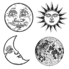 Wall Mural - style set of realistic full moon and human face like crescent, stipple hand drawing, anthropomorphic
