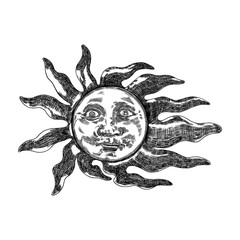 Sticker - Sunrise engraving illustration. Vintage engraved sun with face of the human like. Anthropomorphic flash tattoo or print design. Vector