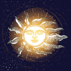 Wall Mural - sunrise engraving illustration. vintage engraved sun with face of the human like. anthropomorphic fl