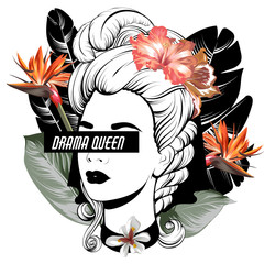 Wall Mural - Drama queen. Vector hand drawn illustration of pretty girl with flowers and palm leaves isolated.