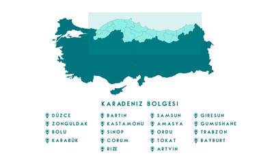 Wall Mural - Map of the Black Sea region of Turkey ( Turkish Karadeniz bolgesi, Zonguldak, Duzce, Karabuk, Bolu, Corum,Tokat, Amasya, Gumushane, Bayburt,Artvin, Rize, Trabzon, Giresun, Ordu,Samsun, Sinop Haritasi)