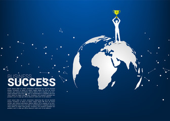 Poster - Silhouette of businessman with champion trophy standing on world map. Business Concept of international award winner.