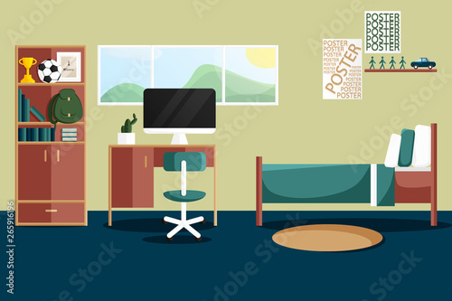 Vector Interior Design Of Single Bedroom For Boy With Home