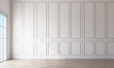 Poster - Modern classic white empty interior with wall panels and wooden floor. 3d rendering