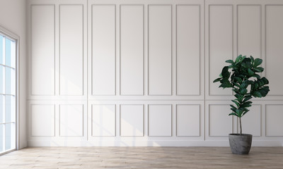 Poster - Empty room interior with white rectangular pattern walls and a light wooden floor. 3d rendering