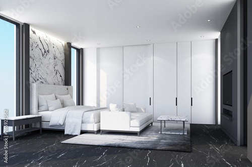Idea Of White Modern Luxury Bedroom And Black Marble Floor With