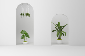 Wall Mural - Minimalistic,white arch with many plant decorate. 3d rendering