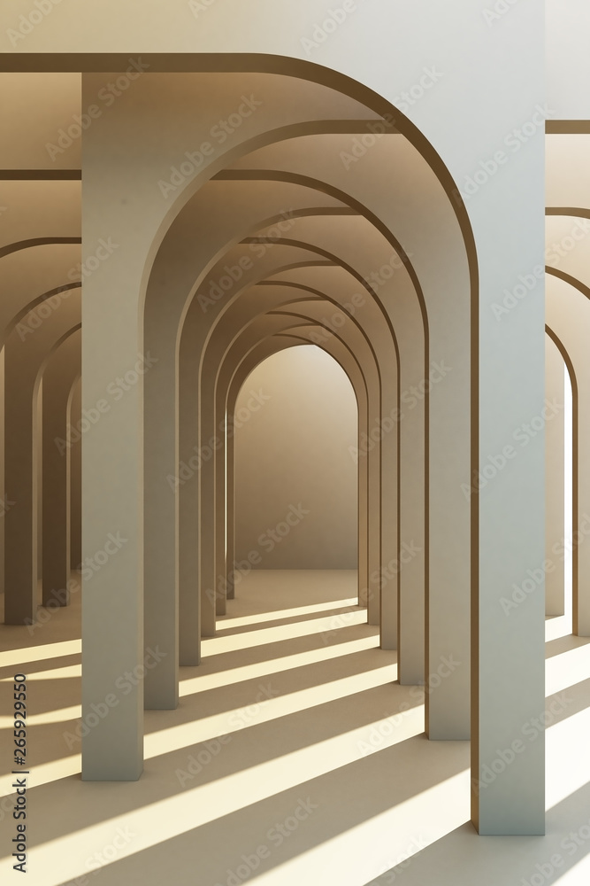 Minimalistic, grey arch hallway architectural corridor with empty wall. 3d render, minimal. - obrazy, fototapety, plakaty 
