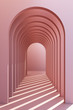 Minimalistic, pinkpastel arch hallway architectural corridor with empty wall. 3d render, minimal.