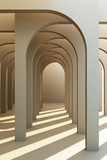 Fototapeta Perspektywa 3d - Minimalistic, grey arch hallway architectural corridor with empty wall. 3d render, minimal.