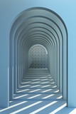Fototapeta Perspektywa 3d - Minimalistic,blue arch hallway architectural corridor with empty wall and arabic pattern. 3d render, minimal.