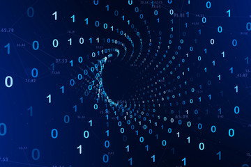 artistic glowy cyberspace spiral computer network with binary numbers. 3d illustration.