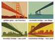 set of four american cities with bridges; vintage vector landscapes