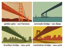 Set Of Four American Cities With Bridges; Vintage Vector Landscapes