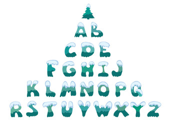 large snow-covered capital letters of the English alphabet. winter font with a Christmas tree