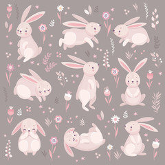 Poster - Cute rabbits sleeping, runnung, sitting. Lovely