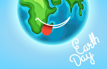 Poster - Happy Earth Day greeting card. Smiling Earth with calligraphic inscription