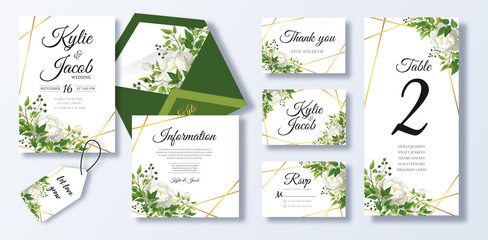 Wedding Invitation, menu, rsvp, information, thank you, label, save the date card, table number, envelope. Floral design with green watercolor leaves, white rose flower greenery decorative frame print