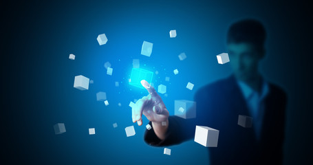 Aufkleber - Man touching hologram screen displaying cube symbols
