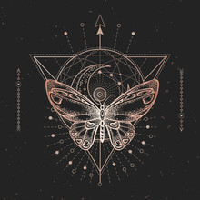 Vector Illustration With Hand Drawn Butterfly And Sacred Geometric Symbol On Black Vintage Background. Abstract Mystic Sign.