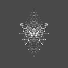 Vector illustration with hand drawn butterfly and Sacred geometric symbol on black background. Abstract mystic sign.